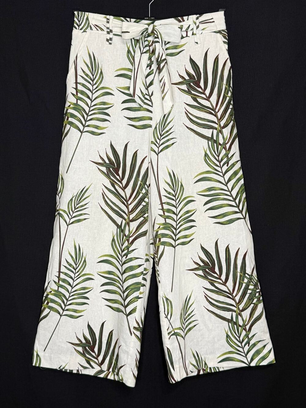 Joie Linen Blend Wide Leg Cropped Pants Size 4 Tropical Palm Leaf Leaves Pockets